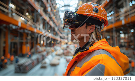 Engineers and architects overseeing construction operations and collaborating on-site, focusing on high-resolution and realistic imagery. 123327011