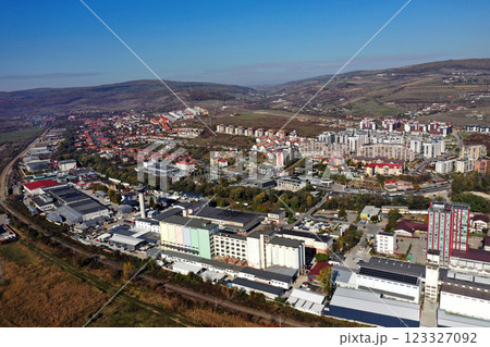 Aerial view of suburban city industrial area buildings Aerial view of suburban city industrial area buildings 123327092