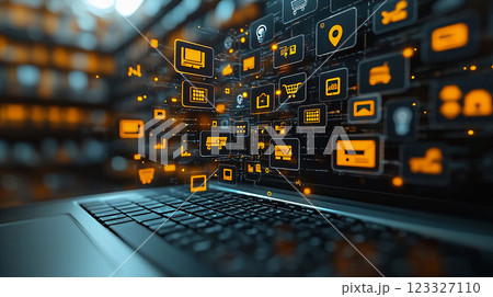 Retail and digital marketing concepts with 3D icons bursting from mobile devices and laptop screens, emphasizing multichannel approaches. 123327110