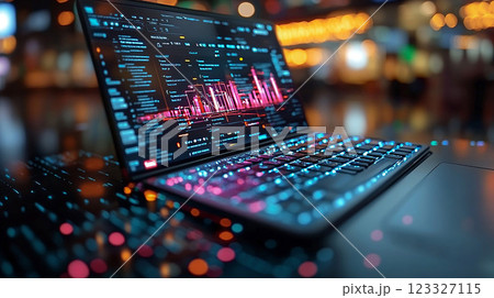 Interactive marketing icons in 3D, emerging from the screens of smartphones and laptops, depicting online retail strategies. 123327115