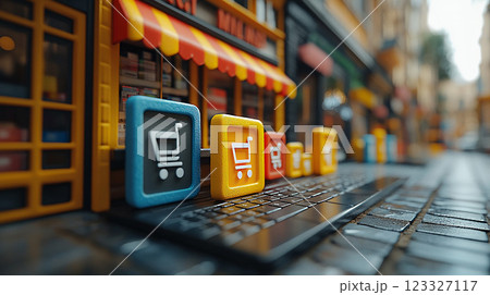 3D icons emerging from smartphones and laptops, illustrating the power of multichannel marketing in digital retail. 123327117