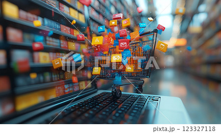 Dynamic 3D icons representing multichannel marketing, exploding from the screens of smartphones and laptops in an online retail setting. 123327118