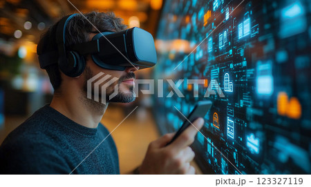 Businessman wearing VR glasses, navigating a virtual marketing landscape with 3D product icons exploding from a smartphone screen. 123327119