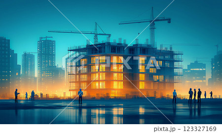 Team of engineers and architects reviewing blueprints and site plans at a modern construction site, vector illustration with crisp details. 123327169
