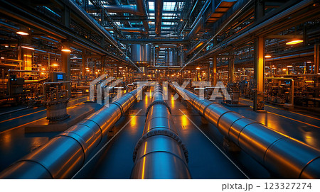 Industrial plant interior with massive cooling pipelines running through machinery, highlighting the infrastructure's scale. 123327274