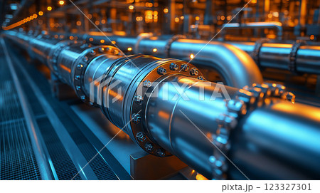 Industrial plant with a complex cooling pipeline system, featuring large metal pipes and detailed connections. Industrial plant with a complex cooling pipeline system, featuring large metal pipes and detailed connections. 123327301