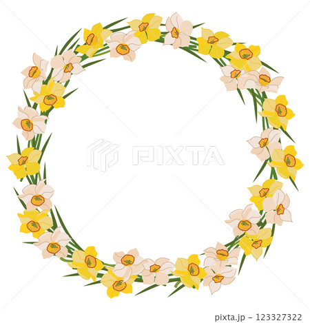 Round frame of daffodils isolated on white background. Yellow and white spring flowers gathered in a wreath, gift for Mother's Day. Colorful flat vector illustration for wedding decor. 123327322
