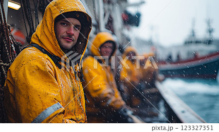High-resolution image of workers sorting fish on a clean fishing boat, with all tools and equipment organized, representing a professional fishing industry. 123327351