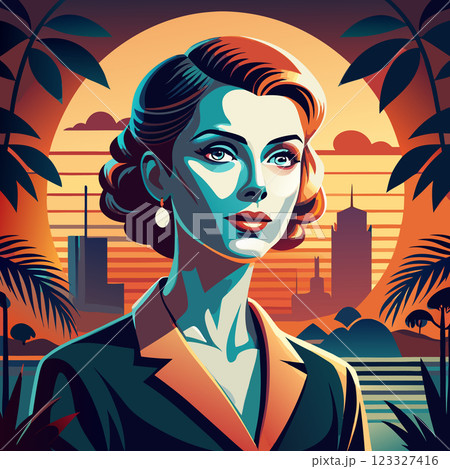 Confident woman avatar with retro hairstyle in vibrant cityscape at sunset 123327416