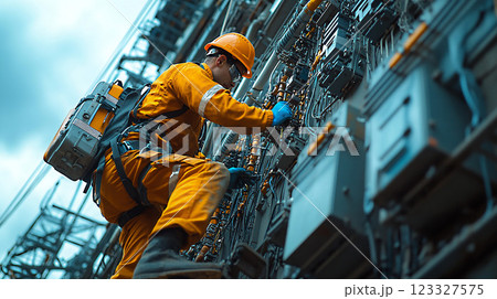 Technicians performing electrical maintenance tasks on power transformers, depicted with a high-resolution and realistic approach. 123327575