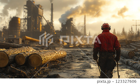 Woodcutters using chainsaws and axes to cut logs rapidly for industrial processing, captured in high-resolution realism. 123327606