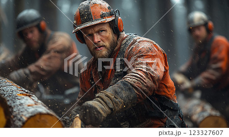 Woodcutters using chainsaws and axes to cut logs rapidly for industrial processing, captured in high-resolution realism. 123327607