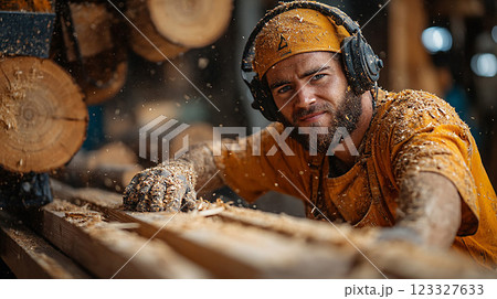Industrial woodcutters operating cutting machinery and managing timber, captured in high-resolution accuracy. 123327633