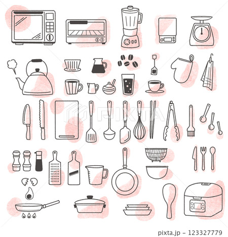 キッチン用品の線画 素材セット 調理器具 水彩 キッチン用品の線画 素材セット 調理器具 水彩 123327779