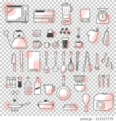 キッチン用品の線画 素材セット 調理器具 水彩 キッチン用品の線画 素材セット 調理器具 水彩 123327779