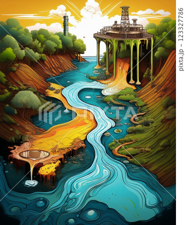Artistic portrayal of industrial pollution flowing into a vibrant river surrounded by lush trees at sunset. Generative AI 123327786