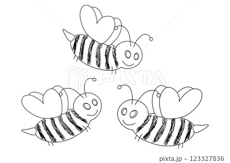 Cute Heart-Winged Bees Coloring Page for Kids 123327836