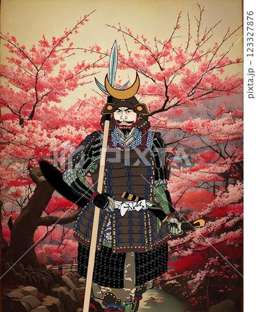 桜と槍を持つ武士 桜と槍を持つ武士 123327876
