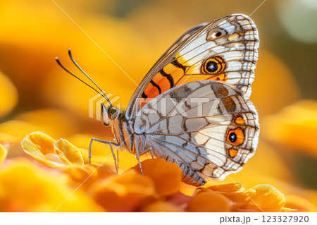 Butterfly with orange and white wings is sitting on a yellow flower 123327920