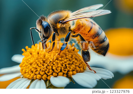 Bee is on a flower, with its head down and its legs spread out 123327976