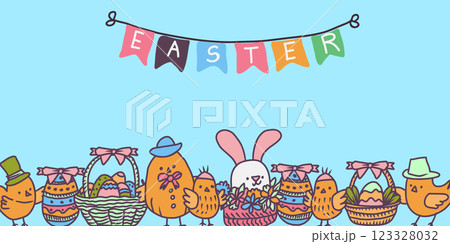 Vector Eastern banner of decorative Eastern eggs, rabbits, chickens and text Easter. 123328032
