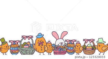 Vector Eastern banner of decorative  doodles Eastern eggs, rabbits, spring flowers and chickens 123328033