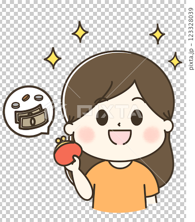 A cute illustration of a woman's upper body holding money and a purse A cute illustration of a woman's upper body holding money and a purse 123328039