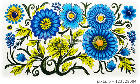 Floral patterns featuring vibrant blue and yellow flowers with intricate designs on a white background 123328084