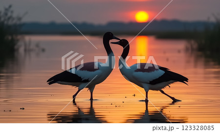 Beautiful sunrise as two cranes share a tender moment on still water in the marshlands 123328085
