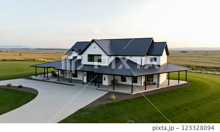 Modern farmhouse design overlooking expansive landscape during golden hour Modern farmhouse design overlooking expansive landscape during golden hour 123328094