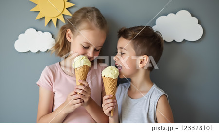 Kids enjoy delicious ice cream cones together under a playful sun and cloud background in a cheerful indoor setting Kids enjoy delicious ice cream cones together under a playful sun and cloud background in a cheerful indoor setting 123328101