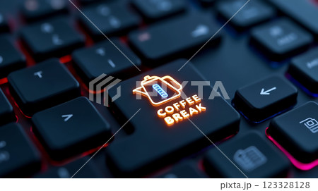 Brightly lit keyboard key featuring a coffee pot symbolizing a break for refreshing moments at work or study time Brightly lit keyboard key featuring a coffee pot symbolizing a break for refreshing moments at work or study time 123328128