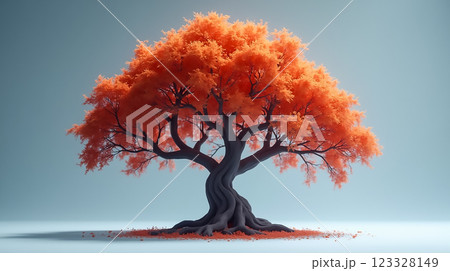 Vibrant orange tree with twisted roots showcasing autumn beauty in serene surroundings 123328149