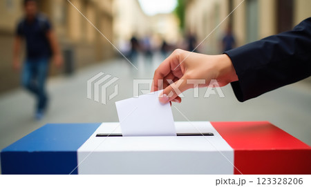 Voting in a French street election with a ballot box displayed against the backdrop of urban architecture 123328206
