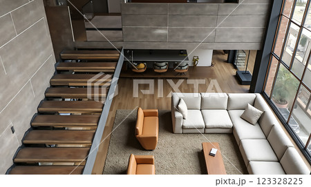 Elegant modern living room with wooden staircase and large windows in urban apartment 123328225