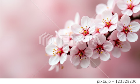 Cherry blossom branch filled with delicate pink flowers in a spring garden setting 123328230