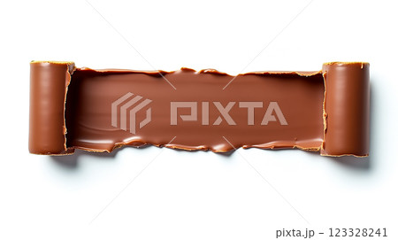 Chocolate bar piece with smooth texture and curled edges on a white surface Chocolate bar piece with smooth texture and curled edges on a white surface 123328241
