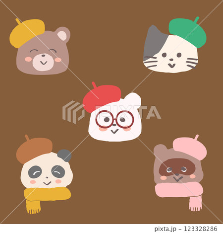 ベレー帽を被った動物の顔セット　手書きの可愛いイラスト　くま　ねこ　白熊　たぬき　パンダ 123328286