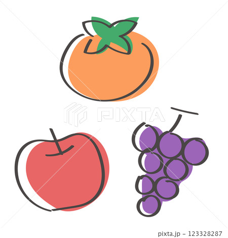 手書きの秋の果物　柿　りんご　ぶどう　ゆる可愛いイラスト 123328287