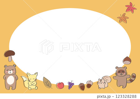 秋の味覚と動物の可愛い横型フレーム　背景　テンプレート　バナー 123328288