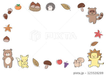 秋の味覚と動物の可愛い横型フレーム　背景　テンプレート　バナー 123328289