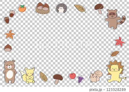 秋の味覚と動物の可愛い横型フレーム　背景　テンプレート　バナー 123328289