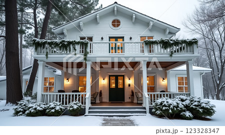 Charming white house adorned with greenery in winter landscape during a snowy day 123328347