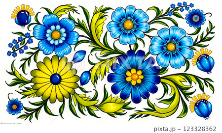 Colorful floral design featuring blue and yellow flowers with green leaves on a white background Colorful floral design featuring blue and yellow flowers with green leaves on a white background 123328362