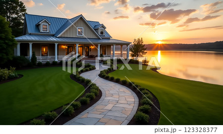 Beautiful waterfront house at sunset with landscaped garden and tranquil lake view 123328377