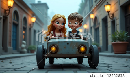 Young children enjoy a delightful ride in a vintage car on a quaint cobblestone street during a serene morning 123328384
