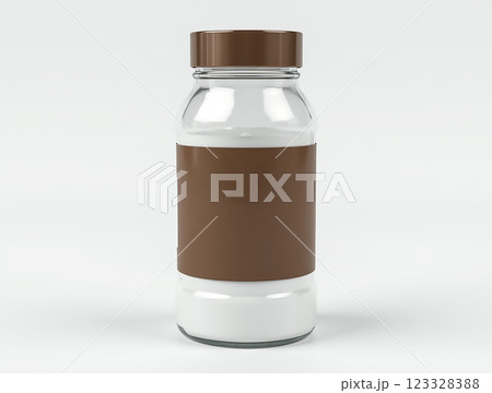 Milk bottle with brown lid and label placed on a plain background highlighting its simple design 123328388