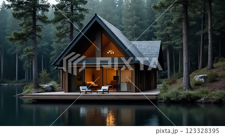 Modern lakeside cabin offers a serene retreat surrounded by nature in the early morning mist 123328395