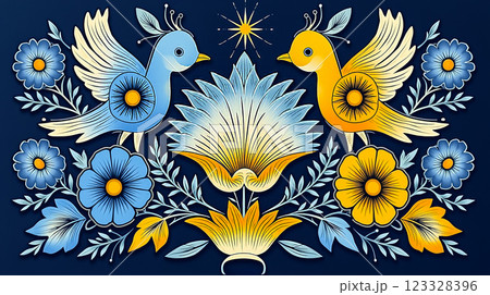 Colorful birds and flowers design with intricate details against a dark background Colorful birds and flowers design with intricate details against a dark background 123328396
