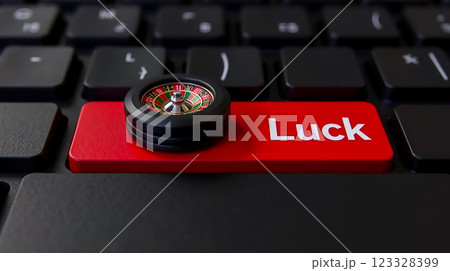 Creative luck concept showcasing a roulette wheel on a keyboard's luck key Creative luck concept showcasing a roulette wheel on a keyboard's luck key 123328399